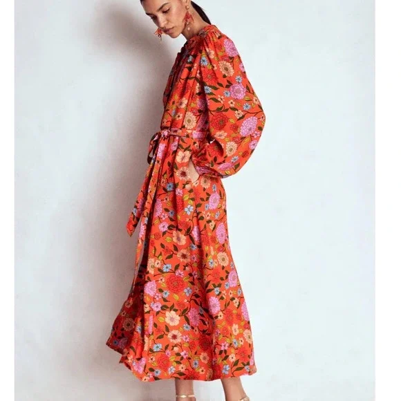 Boden ORA Floral Midi Dress Orange Pink US 4R New With Tags - Picture 3 of 9